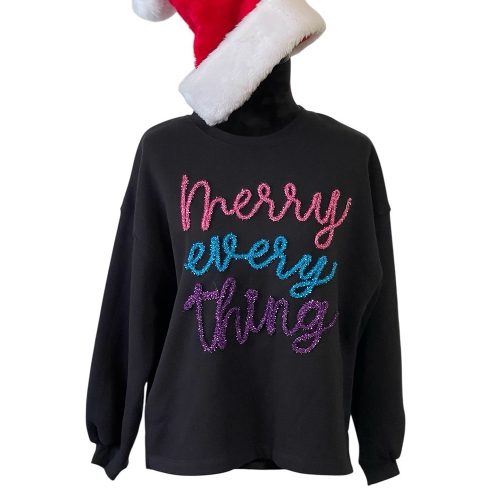 STATE OF MIND HOLIDAY “MERRY EVERYTHING” BLACK SWEATSHIRT SZ SM EUC